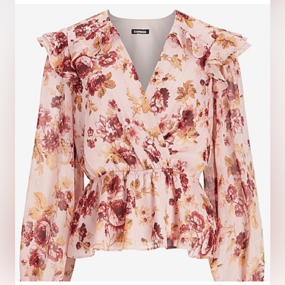 EXPRESS Pink Floral Ruffle Blouse | Size Large